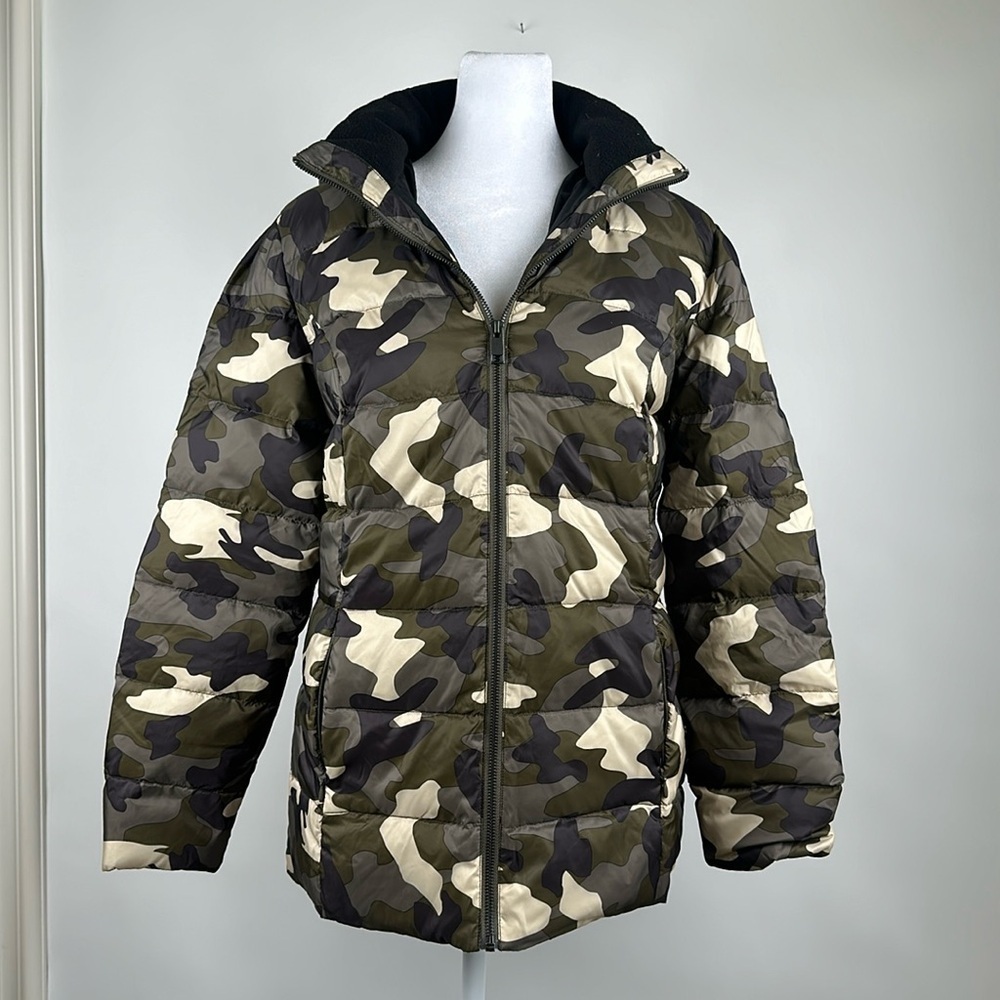 GILI Green Camo Puffer Coat Jacket with Sherpa Lined Hood Size XS